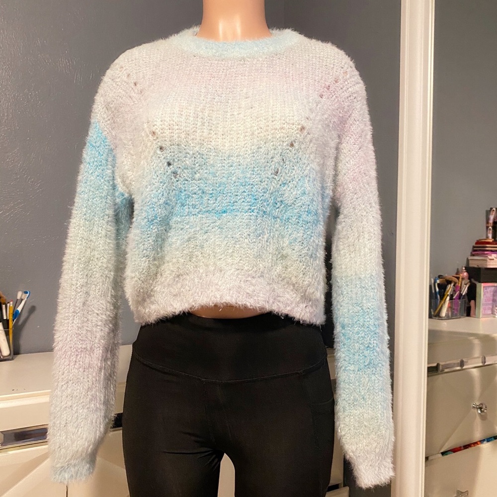 wild fable Pastel Ombre Fuzzy Crew Neck Sweater - Blue, Pink, White